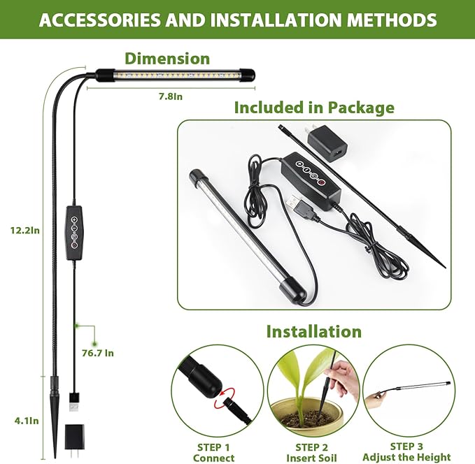 Grow Light 2 Pack, 6000K Full Spectrum Gooseneck Growing Lamp for Indoor Bonsai Pot Succulents Micro Greens Mini Plants, Dimmable & Auto Timer 4 8 12H