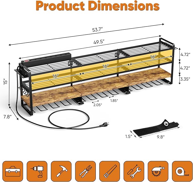 POKIPO 49.5" W Large Power Tool Organizer with Charging Station, 4 Layer Heavy Duty Utility Rack Loads 800lbs, Holds 12 Cordless Drills, Wall Mount Tool Shelf with 8-Outlet Power Strip, Gift for Men