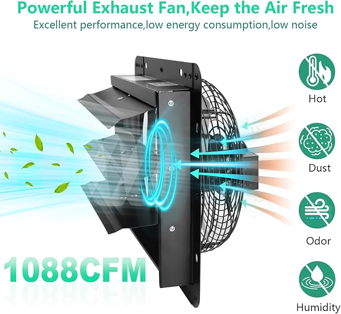 14 Inch Shutter Exhaust Fan,Wall Mount Ventilator Fan with ON/OFF Switch,Attic Vent Fan for Greenhouse, Garage, Gable, Barn, Shed,Chicken Coops Ventilation Fans 1088 CFM,1750RPM