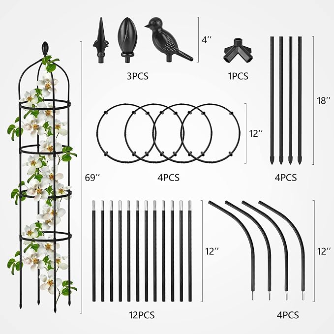 Garden Obelisk Trellis for Climbing Plants Outdoor 6 Ft Rose Bush Round Trellis with Grow Bag for Pots Rustproof Metal Pipe with Plastic Coated Plant Flower Trellises for Clematis Vine Jasmine Support