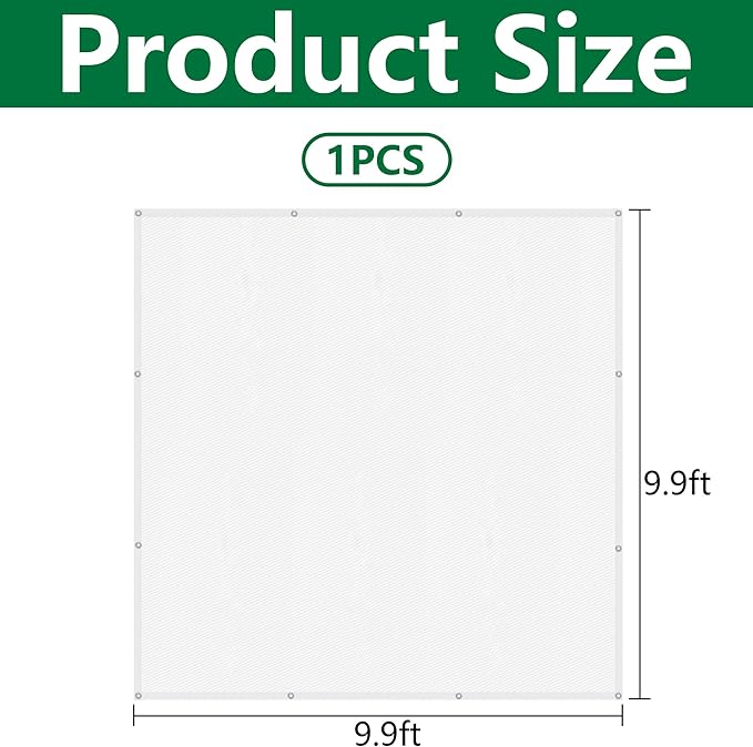 9.9 x 9.9 Ft Plant Shade Nylon Cloth, White Plant Sun Protection Net with Reinforced Grommets, Garden Sunshade Cover Cloth for Protecting Plants from Direct Sunlight