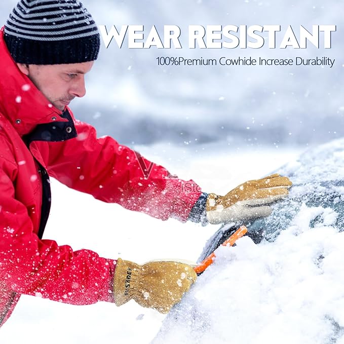 Mens Winter Work Gloves Insulated Waterproof Leather, Thinsulate Thermal Lining with Anti-Slip Palm for Cold Weather