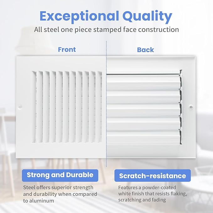 12 x 6 Inch [Duct Opening] Air Vent Covers for Wall or Ceiling - High Airflow 2 Way Steel Ventilation - Adjustable Wall/Ceiling Register, 13-3/4 Inch x 7-3/4 Inch [Overall Dimensions]