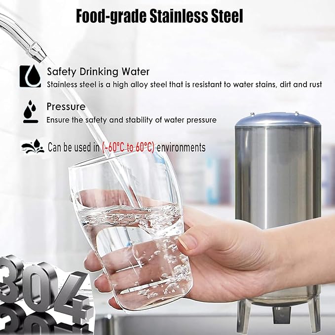 304 Stainless Steel 15-80 Gallon Pressurized Water Tank, Vertical Air Pressure Tank for Well Pump, Durable Automatic Large Capacity Water Pressure Tank Kit (66Gal/250L)