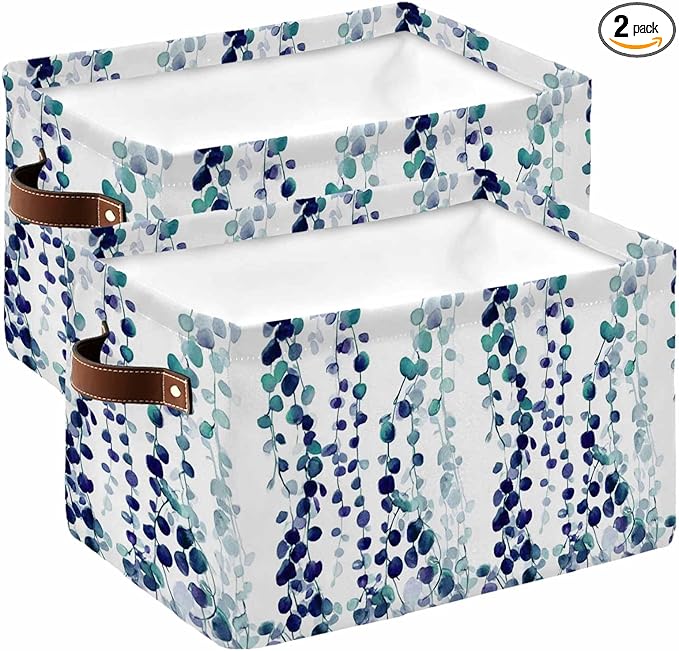 Blue Weeping Eucalyptus Storage Bins Cubes Waterproof Cloth Storage Basket,Spring Summer Farmhouse Leaves Foldable Storage Bags for Shelf Clothes Storages Organizers with Handles 15x11x9.5 in 2PCS
