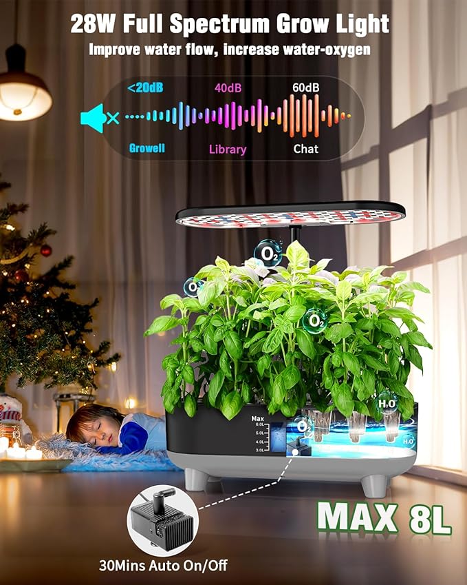 Growell Hydroponics Growing System Kit, 16 Pods Indoor Garden with 28W Full Spectrum LED Grow Light, Auto Timer, 3 Smart Light Modes, 8L Large Herb Garden, Ideal Gardening Gift for Women, Men (Black)