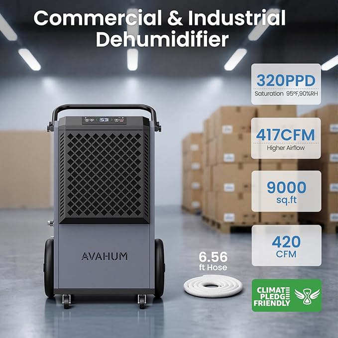 Commercial Dehumidifier,Grey Industrial Dehumidifier 320 Pint for 8,000 Sq.Ft Basement Warehouse Construction, Large Heavy Duty Commercial Grade Dehumidifiers with Drain Hose, Auto Defrost,Restart