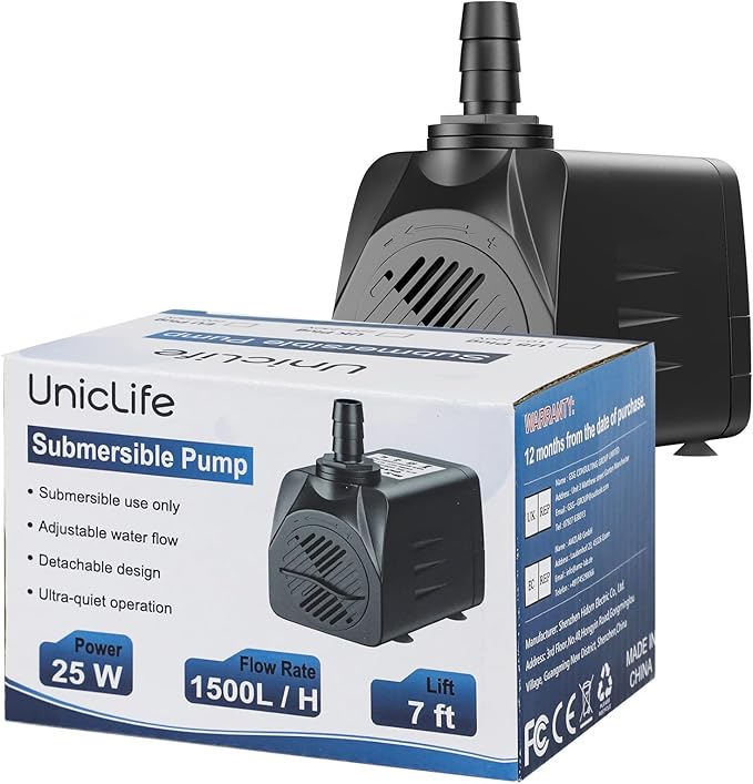 Uniclife UL400 Submersible Water Pump, 400 GPH Aquarium/Hydroponic/Fish Tank/Fountain/Pond/Statuary with 6' UL Listed Power Cord