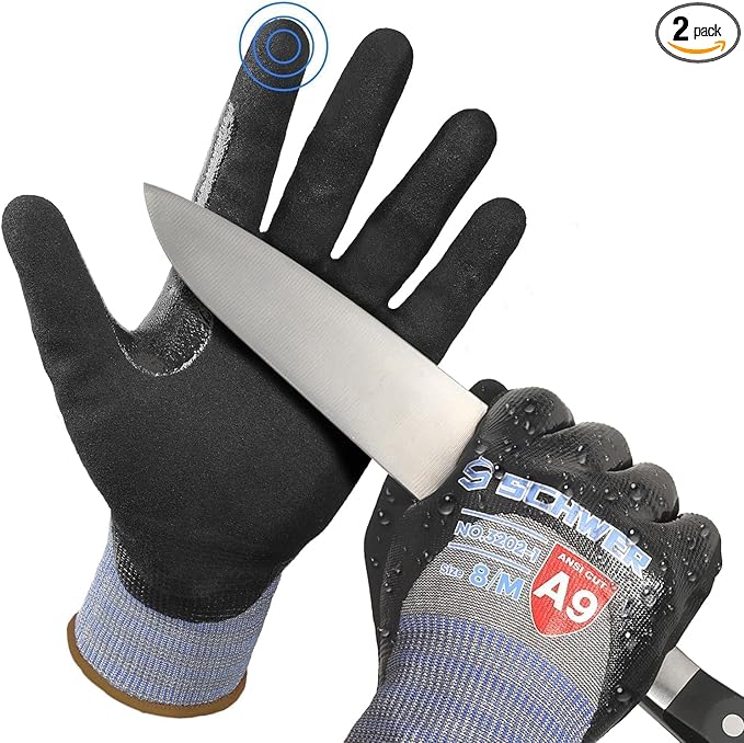Schwer 2 Pairs ANSI A9 Cut/Abrasion/Puncture Resistant Gloves, 3/4 Double Nitrile Coating for Ultra Durable, Water and Oil Proof, Anti Slip, Stain Resistant, Black, M