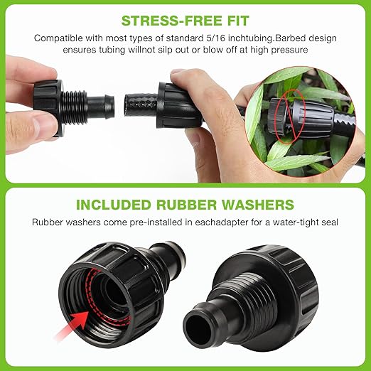 Bonviee 10 Pack 3/4” Female Hose Thread to 5/16” Drip Irrigation Tubing Adapter, Leak-Proof Garden Faucet Connector with Lock Nut & Gasket, No Clamp Needed, for DIY Drip Systems, Hose Bibb, Spigot