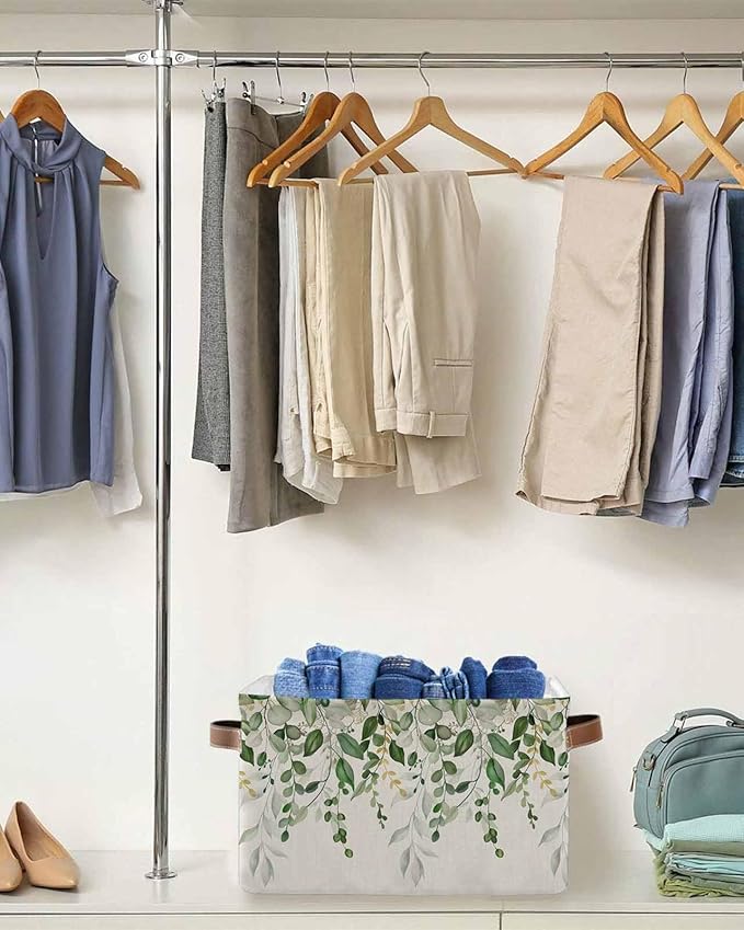 Sage Green Eucalyptus Storage Bins Cubes Waterproof Cloth Storage Basket,Farmhouse Weeping Leaves Linen Foldable Storage Bags for Shelf Clothes Storages Organizers with Handles 15x11x9.5 in 1PCS