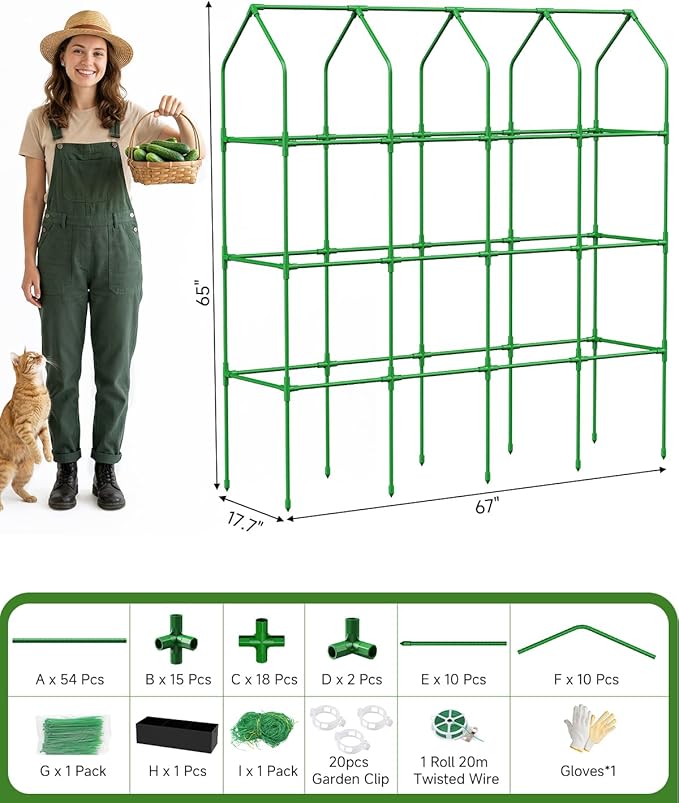 65" Cucumber Planter with Trellis for Climbing Plants Outdoor, Metal Garden Trellis for Raised Bed, Plant Support Structures with Netting for Cucumbers Tomatoes Beans Peas (67 * 17 * 65inch(L*W*H)