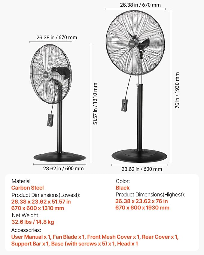 VEVOR Industrial Pedestal Fan, 24 Inch 85-Degree Oscillating Fan, Height Adjustable Standing Fans with 3 Adjustable Speeds, High Power Floor Fans for Office, Black