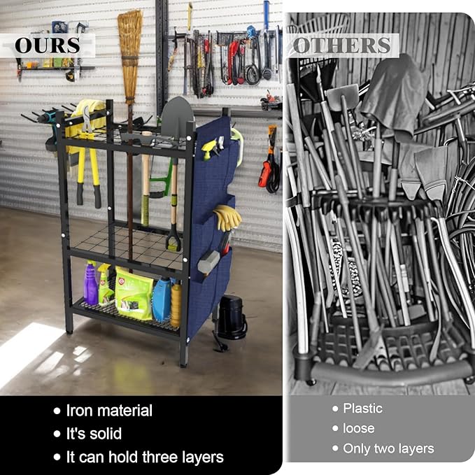 Garden Tool Organizer Rack, Heavy Duty Metal Yard Tool Stand for Garage, Shed, Outdoor, Holds Up to 50 Long-Handled Tools, Rakes, Brooms, Shovels, 3-Tier Utility Storage with Hooks, Black