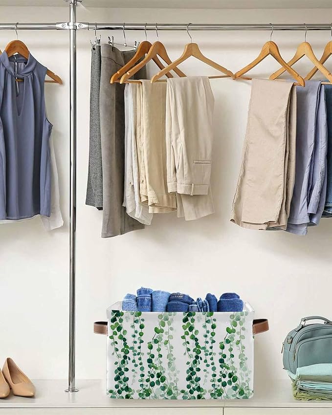 Green Weeping Eucalyptus Storage Bins Cubes Waterproof Cloth Storage Basket,Spring Summer Country Leaves Foldable Storage Bags for Shelf Clothes Storages Organizers with Handles 15x11x9.5 in 2PCS