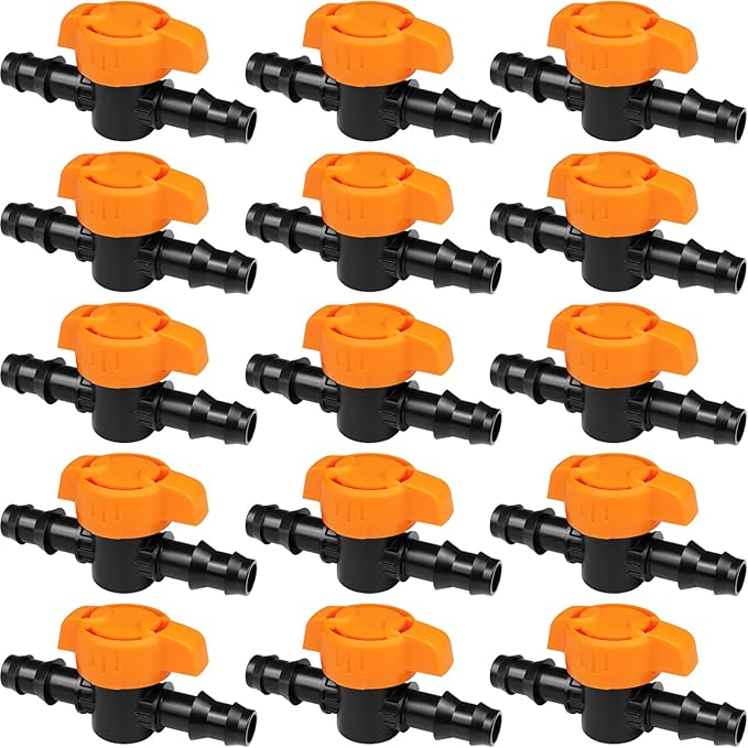 1/2 Inch Drip Irrigation Barbed Valve, 15 Pcs Barbed Switch Valves Drip Line Parts for 1/2" Drip Tubing (.570-.620" ID), 1/2 in. in-line Barbed Shut Off On Valve for Garden Irrigation System