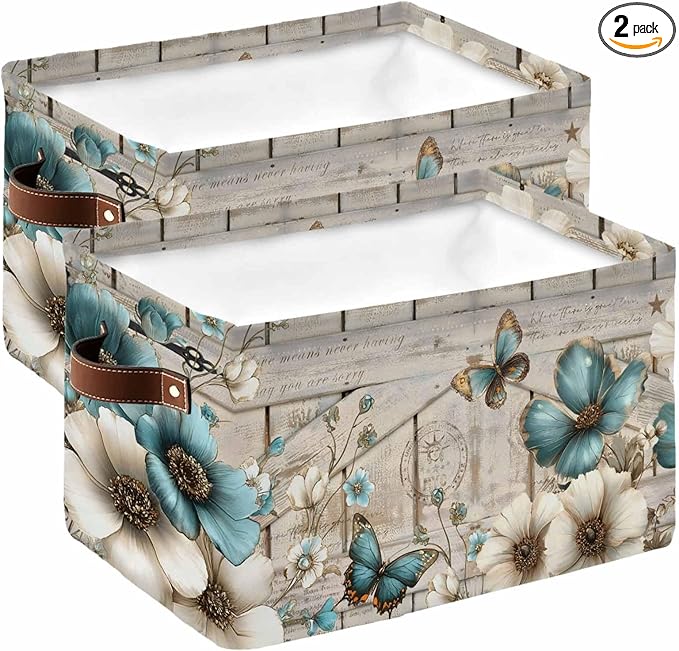 Teal Tulip Butterfly Storage Bins Cubes Waterproof Cloth Storage Basket,Beige Turquoise Floral Farmhouse Wooden Foldable Storage Bags for Shelf Storages Organizers with Handles 15x11x9.5 in 2PCS