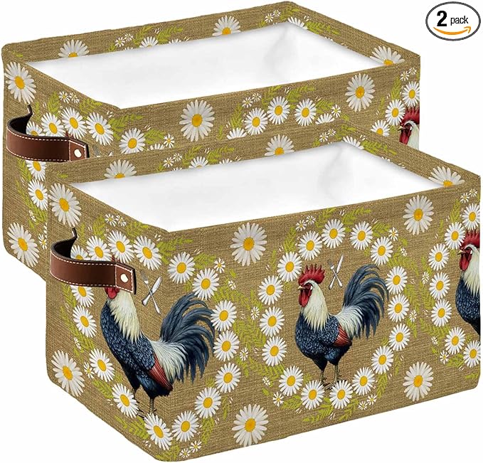 Daisy Rooster Storage Bins Cubes Waterproof Cloth Storage Basket,Spring Floral Farmhouse Botanical Rustic Foldable Storage Bags for Shelf Clothes Storages Organizers with Handles 15x11x9.5 in 2PCS