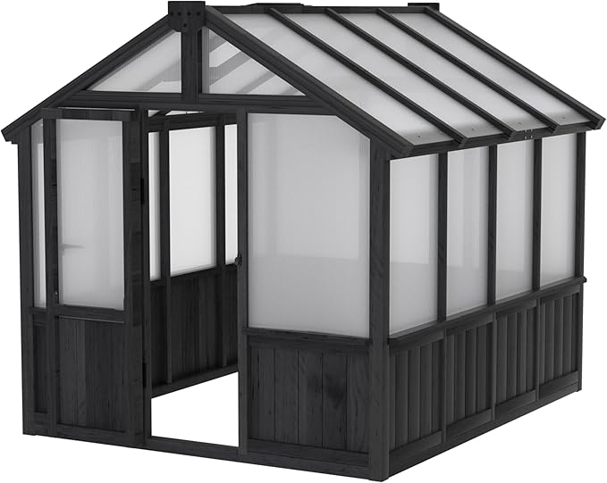 Yardenaler 6x8 FT Outdoor Greenhouse with Thickened Polycarbonate Panel, Wooden Walk-in Green House with Lockable Door and Adjustable Roof Vent, Backyard Garden, Black
