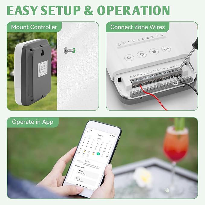 Snowtaros WiFi Smart Sprinkler Controller (8 Zone), Irrigation Controller with APP Control, Local Weather Intelligence, Rain Delay, 24VAC Compatible, Easy DIY Install, Sprinkler Timer for Garden Yard
