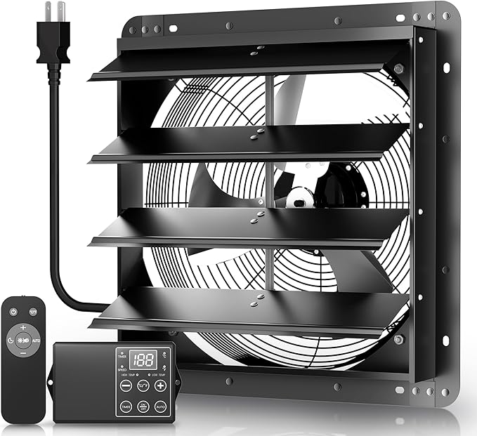 Xcity 20" Shutter Exhaust Fan with 6 ft Power Cord, AC Motor Attic Fan, Smart Speed Remote Control (32.8ft Range), Auto Temp Timer, Vent Fan for Home, Commercial, Garage, Window Ventilation