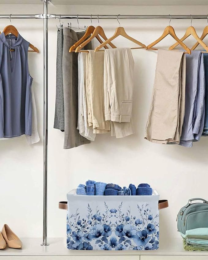 Blue Blooms Floral Storage Bins Cubes Waterproof Cloth Storage Basket,Spring Flowers Botanical Blue Ombre Foldable Storage Bags for Shelf Clothes Storages Organizers with Handles 15x11x9.5 in 2PCS