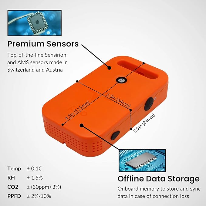 Pulse Pro - Smart Grow Room Monitor - CO2, PAR, VPD, RH, Temperature (°F/°C), Dew Point, Light - iOS, Android, Apple, Windows, Works on 2.4 Ghz WiFi Networks