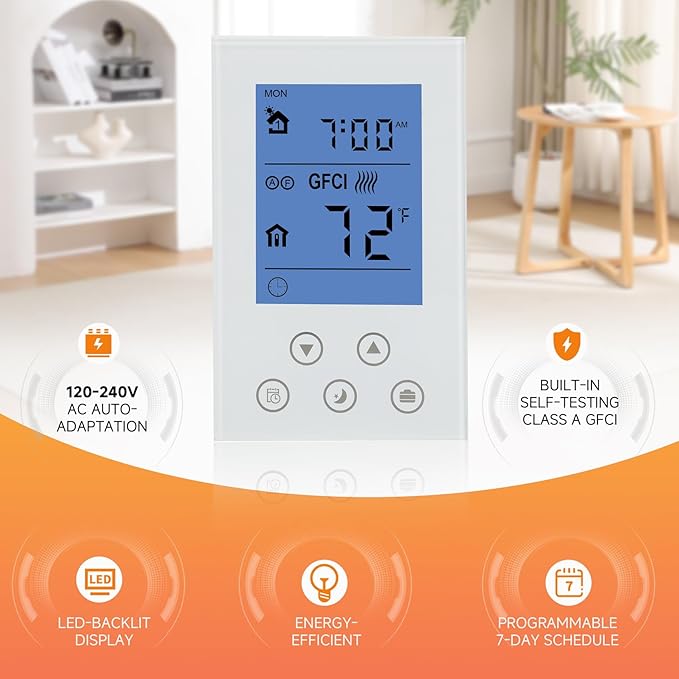 7-Day Programmable Thermostat for House Radiant Underfloor Heating,Home Floor Heating Controller,Adaptive AC Voltage(120/240V),Dual Sensing(Air&Floor Sensor) Built-in Class A GFCI,LED Backlit Display
