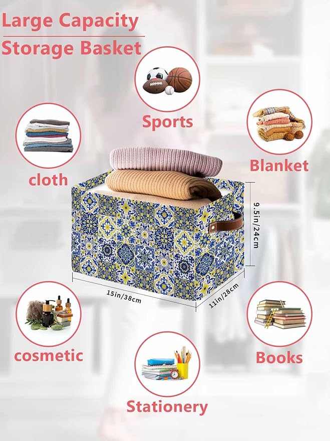 Middle Century Storage Bins Cubes Waterproof Cloth Storage Basket, Vintage Farmhouse Bohemia Style Blue Foldable Storage Bags for Shelf Clothes Storages Organizers with Handles 15x11x9.5 in 1PCS