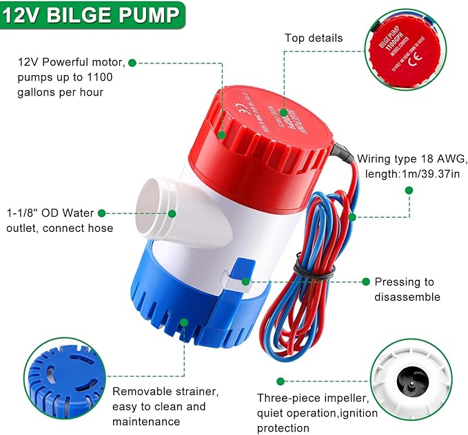1100GPH Marine Bilge Pump 12V Submersible 1-1/8 inch Diameter Electic Rule Bilge Water Pump Plumbing Kit with 6FT Hose 2Pcs Clamps and Through Hull Fittings for Boat RV Yacht Caravan