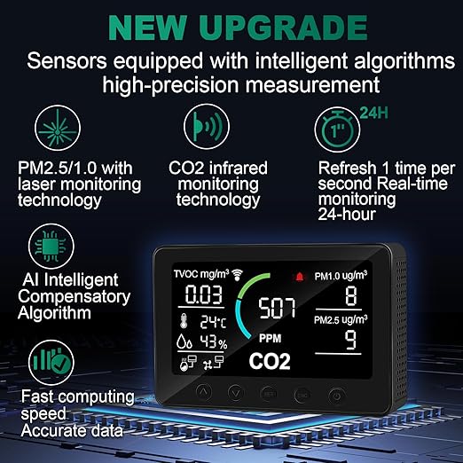 12 in 1 Air Quality Monitor Indoor, with WiFi and APP,Air Quality Tester for Home,Air Quality Meters for CO2,TVOC,PM1.0,PM2.5,AQI,Temperature and Humidity,Detector for Home,Office (Black)