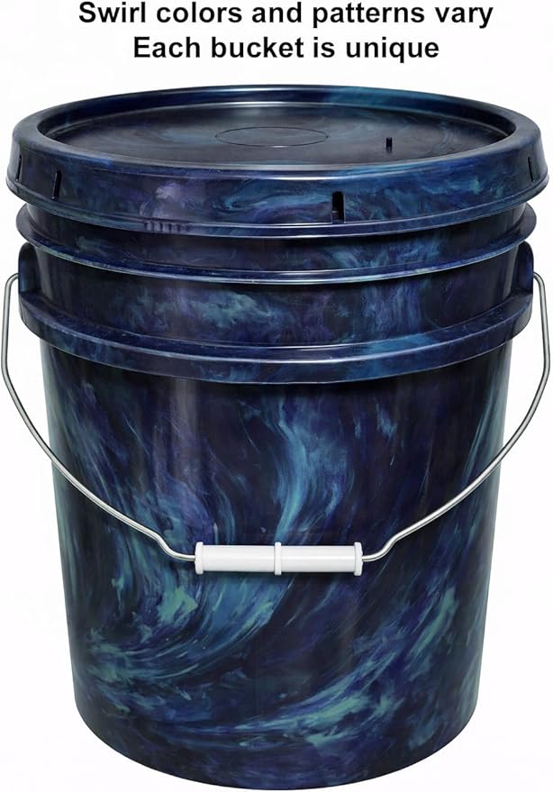 MKS Plastics 5-Gallon Bucket with Airtight Lid – Made in USA, Food Grade BPA Free Plastic, Heavy Duty Multi-Use, Metal Handle with Grip, Stackable Storage – Mystery Swirl, 3 Pack