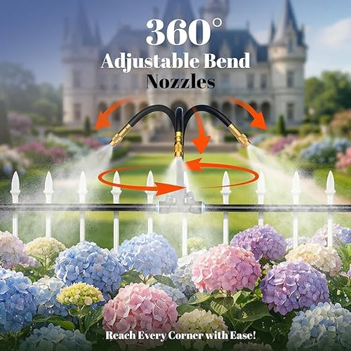 100ft 1/4-Inch Drip Irrigation Kit with 16 Adjustable Copper Nozzles, Automatic Atomizing Watering Sprinkler System for Garden, Raised Beds, Lawn, Greenhouse & Patio