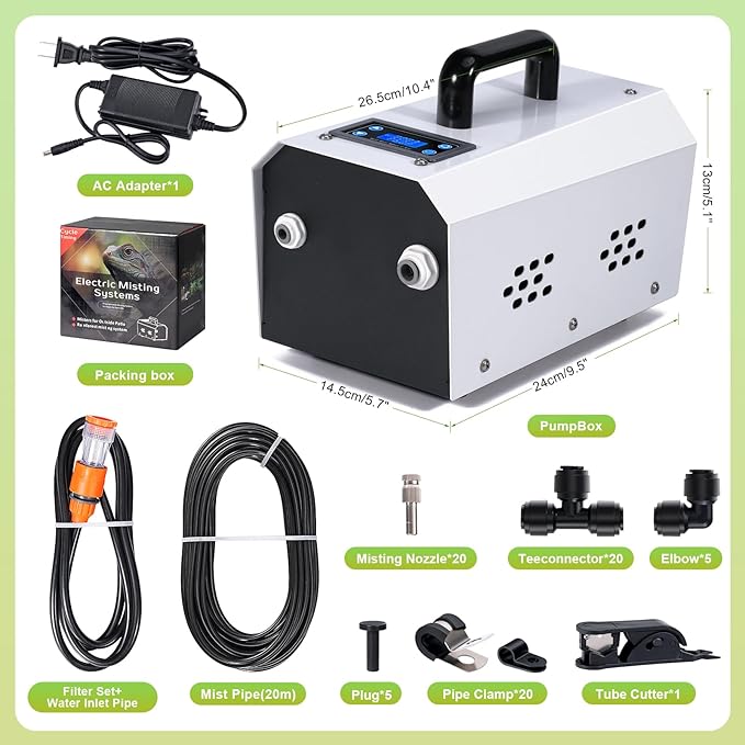 Outdoor Misting Cooling System High Pressure Misters for Outside Patio with Pump Kit, 65.6FT Misting Line with Brass Mist Nozzles Self Priming Sprayer Misters for Chicken Coop Garden Greenhouse
