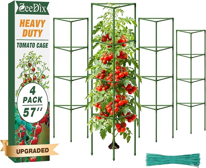 ZeeDix 4 Pack Heavy Duty Tomato Cages for Garden, 57 Inch Foldable Plant Support Stakes for Heavy Climbing Plants, Adjustable Tomato Trellis for Indoor Pots & Raised Garden Bed Outdoor