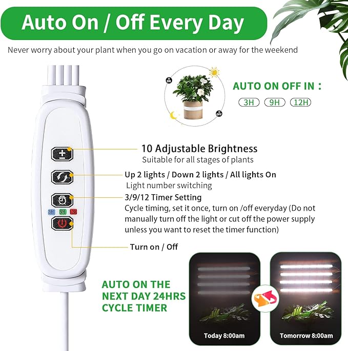 RWNTAO Grow Lights for Indoor Plants, 13" Grow Light Strips with Timer 3/9/12 H, 10 Dimmable Levels, 192 LEDs Full Spectrum Sunlight Plant Growing Lamp for Indoor Greenhouse Seedlings, 4 Head