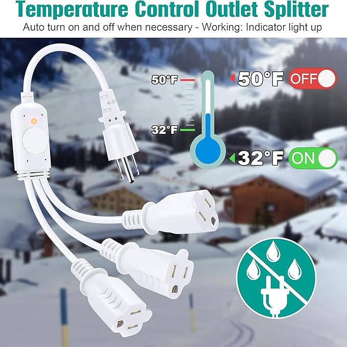 Feekoon 3 Plug 120V Heat Cable Controller, Outdoor Thermostat Controlled Extension Cord, Turns on Below 32°F, Off Above 50°F for Coop Heaters Deicers Water Pipe Heating Tapes, Energy Saving