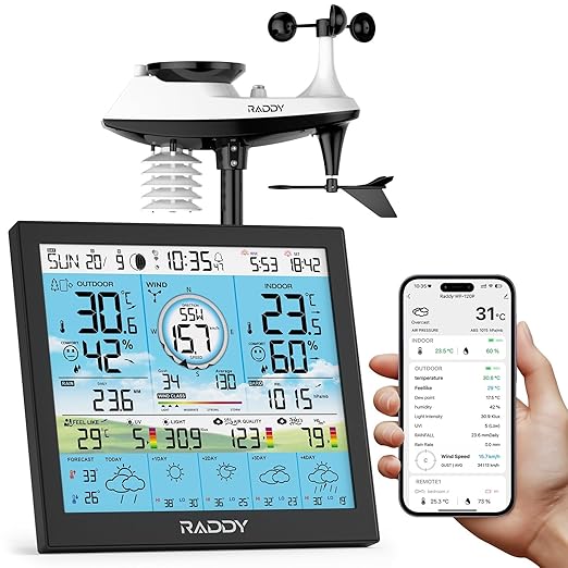Raddy WF-120P Professional Wi-Fi Weather Station with App Control, 10″ HTN Color Display, Indoor/Outdoor Temp & Humidity, UV & Light Index, PM2.5 AQI, 5-Day Forecast, 7-in-1 Outdoor Sensor for Farm