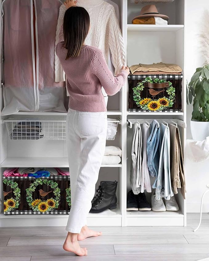 Spring Eucalyptus Sunflower Storage Bins Cubes Waterproof Cloth Storage Basket,Farmhouse Birds Brown Wood Foldable Storage Bags for Shelf Clothes Storages Organizers with Handles 15x11x9.5 in 2PCS