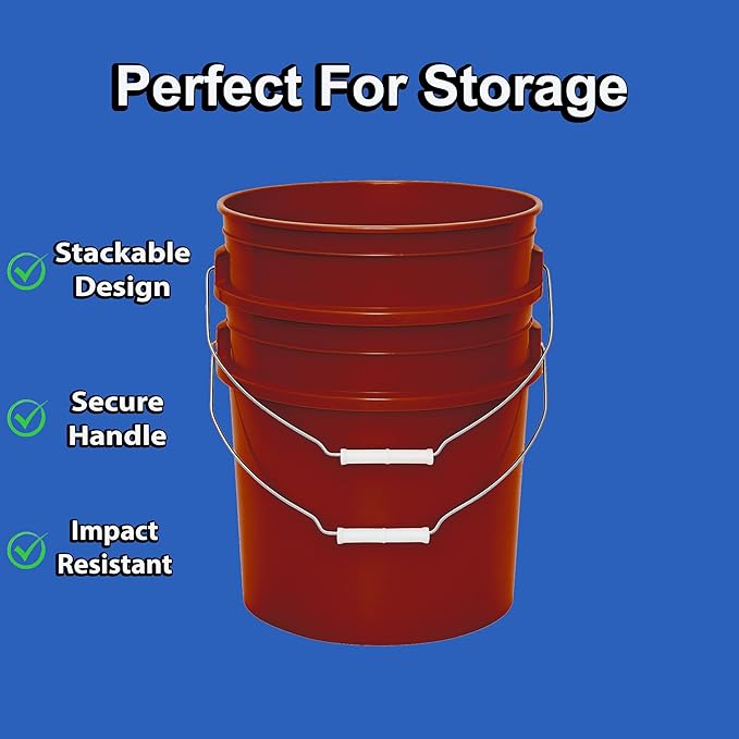MKS Plastics 5-Gallon Bucket with Airtight Lid – Made in USA, Food Grade BPA Free Plastic, Heavy Duty Multi-Use, Metal Handle with Grip, Stackable Storage – Burgundy, 1 Pack
