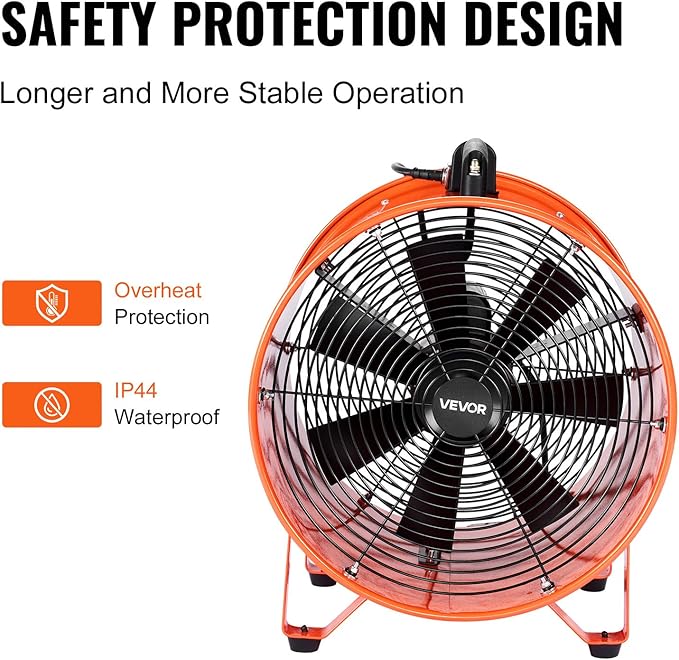 VEVOR 16 Inch Utility Blower Fan, 2 Speed 5175 CFM Heavy Duty Cylinder Axial Exhaust Fan with 33ft Duct Hose, Industrial Portable Confined Space Ventilator for basements, warehouse, Workshop