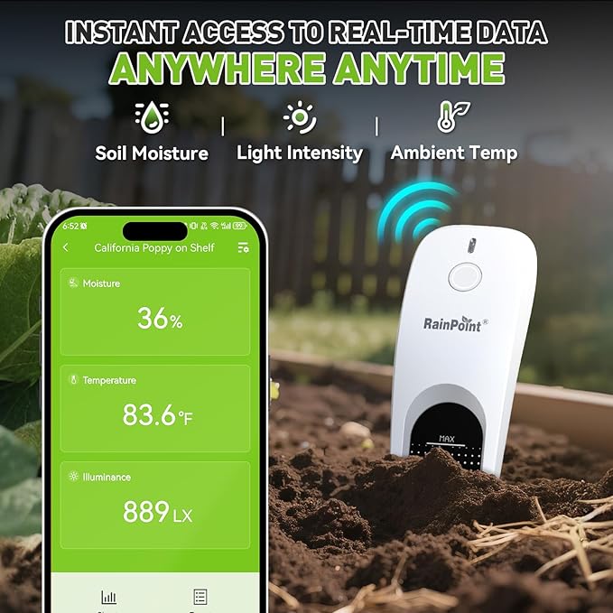 RainPoint 3-in-1 APP Remote Monitoring WiFi Soil Meter - CAN NOT USE Alone, Moisture/Air Temperature/Light Intensity Monitor and Custom Alert, IP66 Waterproof Wireless Sensor for Plant Indoor/Outdoor