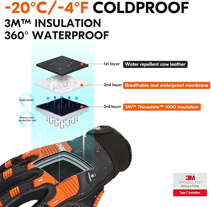 Vgo... 1 Pair -20℃/-4°F COLDPROOF,Winter Work Leather Gloves,Impact Gloves,Anti-Vibration,Water Resistant(CA7722FW)