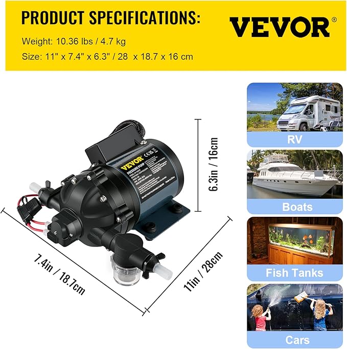 VEVOR Washdown Pump, 12V DC, 7 GPM 60 PSI, Max. 10 FT Lift Self Priming Water Pump, w/EPDM Valve, Universal Salt Water Strainer & Female/Male Thread, for RV, Marine Deck, Yacht