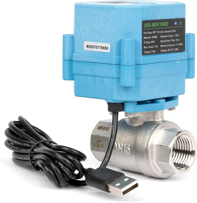 U.S. Solid WiFi Smart Motorized Ball Valve 1/2 inch NPT for Water Control, Irrigation, 2 Way 304SS Electric Valve, USB Powered, Status Indicator, Flow Direction, Remote On/Off Control, NSF Certified