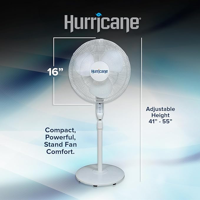 Hurricane 16" Supreme Oscillating Stand Pedestal Fan with Remote for Home, White - Standing Electric Air Cooling Unit for Indoor Room, Garage, Workshop, Shed, and Greenhouse