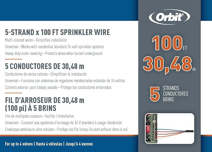 Orbit 57093 Underground Sprinkler Wire, 5-Strand Solid, 100 Ft, UF/UL Listed, Multi-Color, 18-Gauge