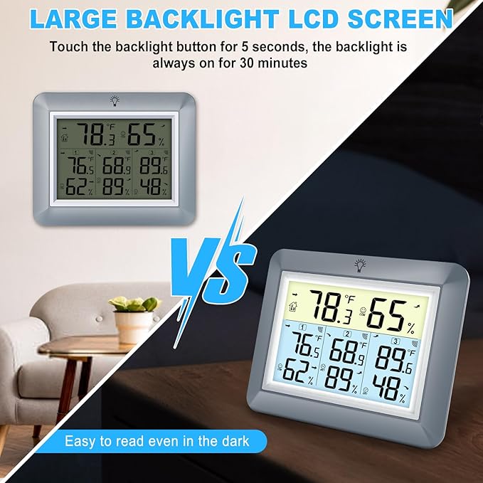 Urageuxy Weather Station Wireless Indoor Outdoor Thermometer with 3 Sensors, Remote Temperature Monitor with Humidity for Home, Baby Nursery, Room, Attic, Patio, Grey