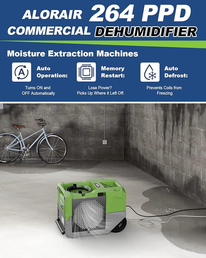 ALORAIR 264 PPD Commercial Dehumidifier with Pump, Industrial Dehumidifier with Pump Up to 3,000 Sq.Ft, Compact, Portable, for Water Damage Restoration, Basement, Crawl Space, Green