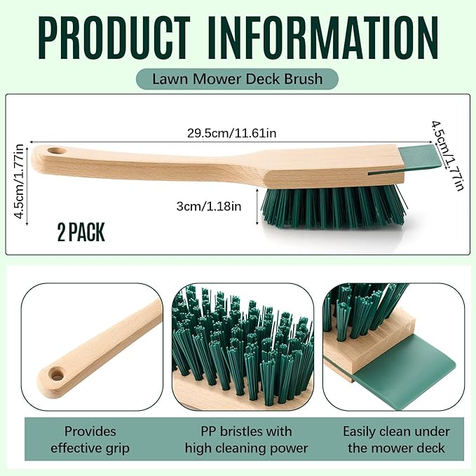 CroBlissful 2 Pcs Heavy Duty Scrubbing Brush Stiff Bristle Brush with Wood Handle and Scraper for Lawn Mower Deck Scraper Cleaning Outdoor Boot Scrub Brushes